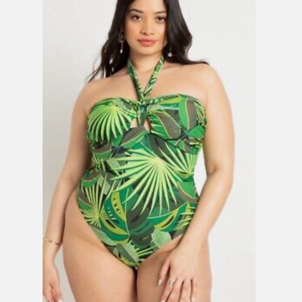 Eloquii Green Leaf Print Swimsuit